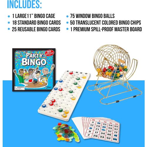 Regal Bingo Professional Bingo Game Set with 11 Wheel Cage, 75 Bingo Balls, Master Board, 18 Bingo Cards & 25 Jumbo Reusable Cards, and Colorful Chips - Bingo Games for Adults Large Group - Gold