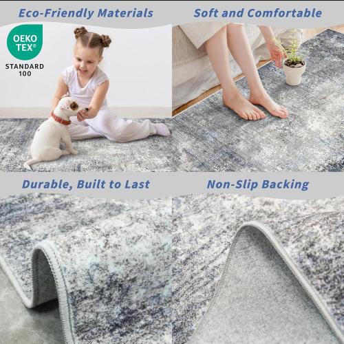 4x10 Wide Runner Rug for Hallway, Washable Non Slip Long Kitchen Rug, Soft Low Pile Carpet for Entryway Bedroom, Modern Abstract Area Rug (Blue Grey,4x10)