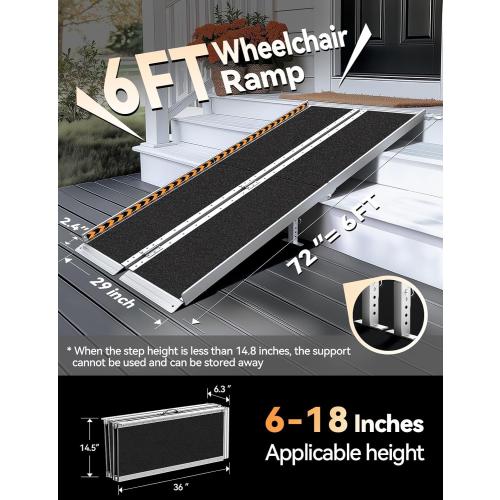 FACHNUO 6 Feet Portable Wheelchair Ramp with Sopport Legs, Non-Skid Aluminum Handicap Ramps, Folding Threshold Wheel Chair Ramp for Home Steps, Stairs, Entry, Threshold, Doorways, 800LBS Capacity