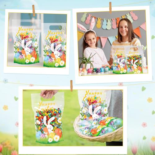 Fuutreo 25 Pcs Happy Easter Gift Bags Self Sealed Bunny Pouches Spring Favor Pouches with Handles Spring Plastic Bags for Egg Hunt Holiday Party Candy Gift Wrap Supplies Decoration(Easter)