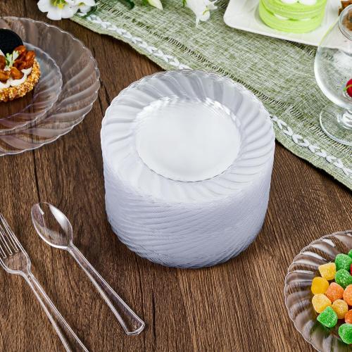 FOCUSLINE 100 Count 6 Inch Clear Plastic Plates, Disposable Heavy Duty Salad Dessert Plates- Premium Hard Plastic Plate Fancy Disposable Clear Plate for Weddings, Parties and Events