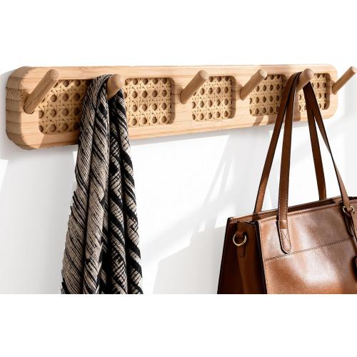 Coat Rack Wall Mount, Rattan Coat Hooks Hanger Wall Mounted, 6 Heavy Duty Bamboo Hooks Rack Rail for Hanging Clothes Hats Bags Robes Towels Plants, White (Natural)