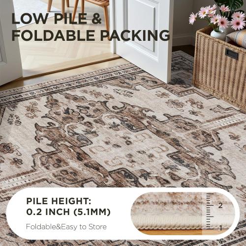 Joydeco 8x10 Area Rugs for Living Room, Non Slip Machine Washable Vintage Rug, Low Pile Chenille Print Rugs for Bedroom, Dining Room, Home Office, Pet & Child Friendly, Light Coffee