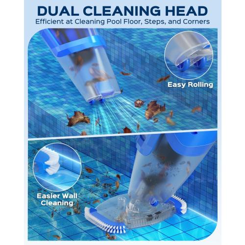 Cordless Handheld Pool Vacuum Cleaner with Telescopic Pole, 26.5 GPM Powerful Suction, Longer 1H Runtime, Portable Pool Vacuums for Above Ground/Inground Pools, Hot Tubs, Spas