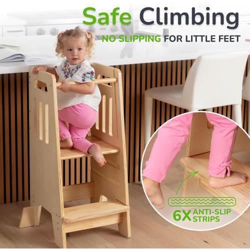 WOODENN Ocodile Stepping-Up Set - Standing Tower and Step Stool for Kids (Varnished)