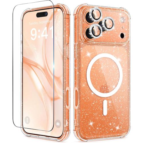 BERFY for iPhone 17 Pro Max Case for Women, Compatible with MagSafe, Clear Glitter Shockproof Protective Case, Anti-Yellowing, with Screen Protector & 3 Diamond Camera Lens Covers 6.9, Sparkle Clear
