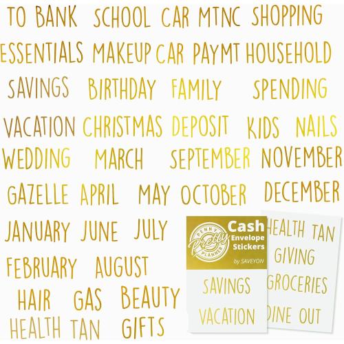 SAVEYON Gold Budget Binder Stickers - 70 Pcs Waterproof Financial Management Labels for Cash Envelopes, Planners