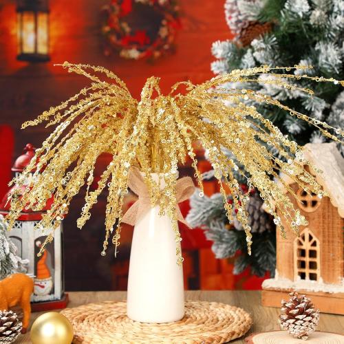 6 Pcs Gold Glitter Christmas Picks and Sprays 23.62 Artificial Sequins Twigs Stems Ornaments Decorative Willow Ting Branches for Xmas Tree DIY Wreath Crafts Tree Topper Vase Filler Decor