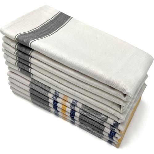 Lincoln & Palm Natural Cotton Tea Towels, 27 x 19, Set of 6 Herringbone Kitchen Dish Towels, Flour Sack Flat Woven for Drying Dishes, Hands, or Bread Proofing, Striped, Patterned Designs (Light Gray)
