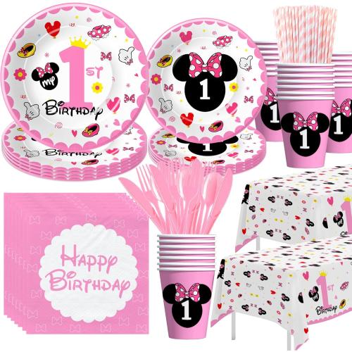 Minnie 1st Birthday Party Supplies - Minnie Theme Mouse Birthday Decorations Tableware, Plate, Cup, Napkin, Tablecloth, Cutlery, Straw, Pink Minnie First Birthday Party Supplies | Serve 24