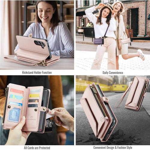 Strapurs for Samsung Galaxy S25 Plus - Zipper Strap Wallet Case, Rose Gold