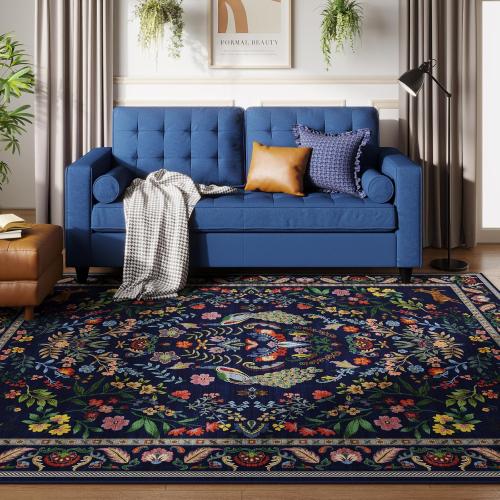 Rugcomf Area Rugs for Living Room Washable Rug Floral Non-Slip Large Rug for Living Room, Bedroom, Farmhouse, Dining Room, Kids Playroom(Blue)