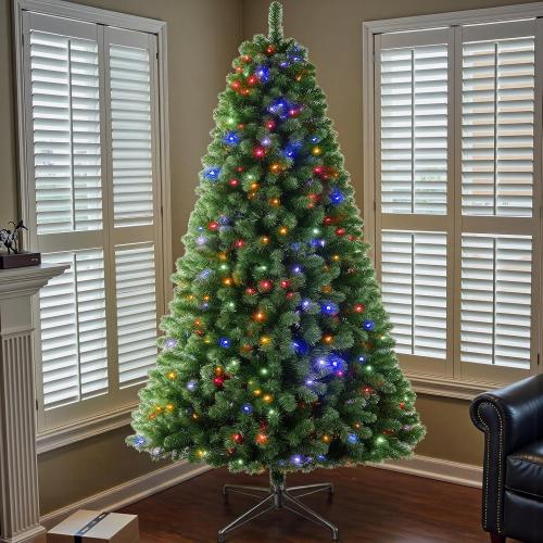 7.5 FT Pre-lit Christmas Tree Spruce with Remote Control, 350 Warm White Multi-Color Changing LED Lights, Artificial Hinged/Feel Real/Realistic for Home, Holiday Decoration Dual Color LED