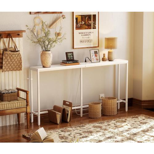 SUPERJARE 70 Inch Console Table with Outlet, Sofa Table with Charging Station, Narrow Entryway Table, Skinny Hallway Table, Behind Couch Table, for Living Room, White