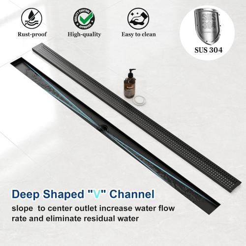 Neodrain 60-Inch Black Linear Shower Drain with Removable Quadrato Pattern Grate,Professional 304 Stainless Steel Rectangle Shower Floor Drain Manufacturer,Leveling Feet,Hair Strainer,Matte Black
