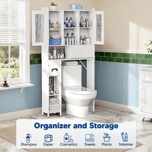 Over The Toilet Storage Cabinet - Over Toilet Bathroom Organizer with Sliding Barn Doors, Adjustable Shelves & Toilet Paper Holder, pace-Saving Over-Toilet Rack for Bathroom, Restroom, Laundry, White