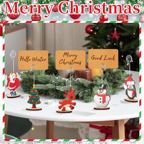 20 Pcs Christmas Wood Place Card Holders Stand Display and 20 Kraft Place Cards Santa Snowman Elk Number Name Photo Picture Clip Holder for Xmas Party Table Decoration(Christmas)