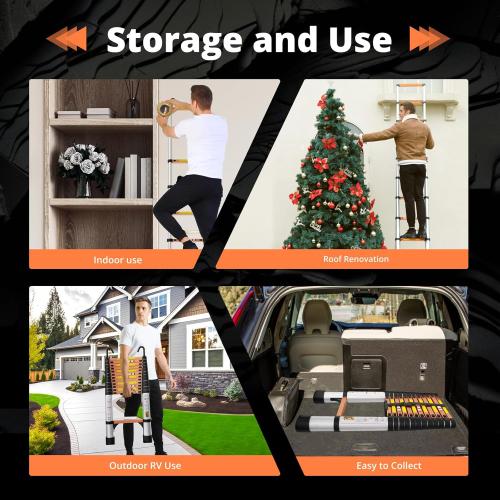 EvaStar 12.5FT Telescoping Ladder, Aluminum Lightweight Extension Ladder w/Hooks & Stabilizers, 330lbs Capacity Collapsible Ladders, Extension Telescopic Ladder for Home, Outdoor, RV - Orange & Silver