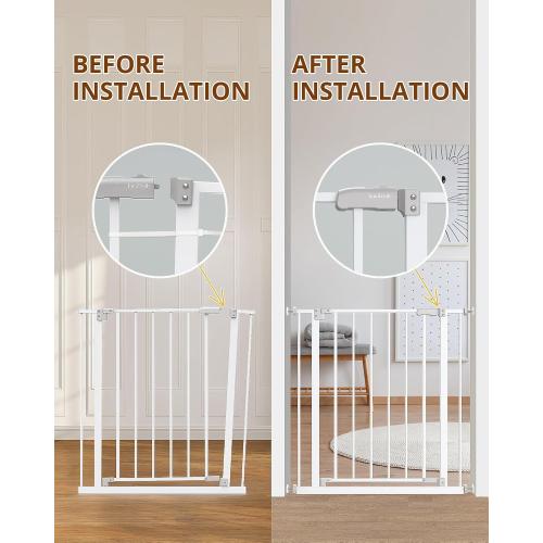 InnoTruth 28.9-42.1 Wide Baby Gate for Stairs & Doorways, 30 Tall Pressure Mounted Dog Gates for Stairs Expandable One-Hand Open, Easy Step Walk Through Dual Lock Metal Pet Gates for Dogs, White