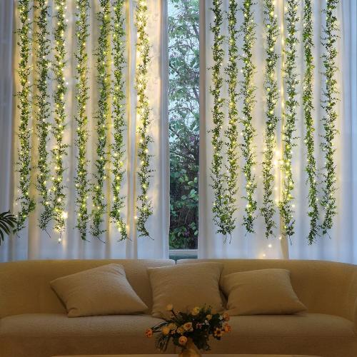 Dolicer 2 Packs Eucalyptus Garland with LED Lights String, 12FT Faux Eucalyptus Greenery Garland, Artificial Hanging Green Leaves Vine Wedding Backdrop Arch Wall Table Decor (Green)
