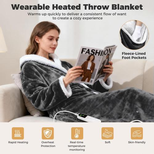 Heated Wearable Blanket with Sleeves & Foot Pocket – Electric Sherpa Blanket 50 * 70, 8 Heat Levels & 6 Timer Settings (1–12 Hours), Cozy Flannel Heated Throw Blanket for Home, Sofa & Bed Use,Grey