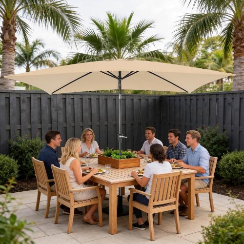 Rectangular Patio Umbrella, 6.5 x 10 ft Rectangle Table Umbrellas w/Heavy Duty Ribs, Effortless Crank and Push Button Tilt, Wind Resistant Sun Umbrella for Outdoor Patio, Beige