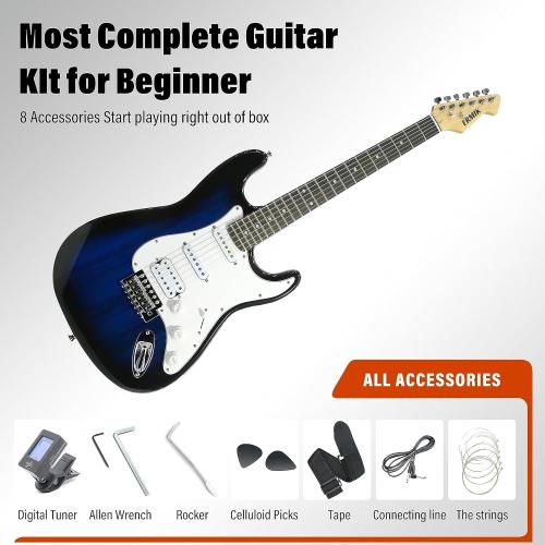 Ermik Solid Body Electric Guitar Kit with Amp 20W, Strings, Strap, Digital Tuner, Picks, Gig Bag, Cable, Tremolo Bar, 39 Full Size Guitar HSS Pickups Guitarra Electrica Beginner Gift - Blue