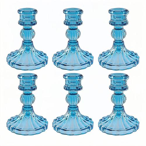 Set of 6 Color Blue Glass Candlestick Holder,Striped Taper Candle Holders,Set of 6 Candle Stand for Table Centerpieces, Home Decor,Weddings,Festival and Parties (Blue Stripe Pattern)