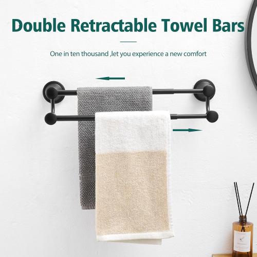 Hoimpro Adjustable Retractable 15-27 Inches Stainless Steel Bathroom Towel Bar, Bathroom Accessories Bath Hotel Double Towel Bar Rod Hanger Wall Mounted Towel Holder Towel Rack, Matte Black