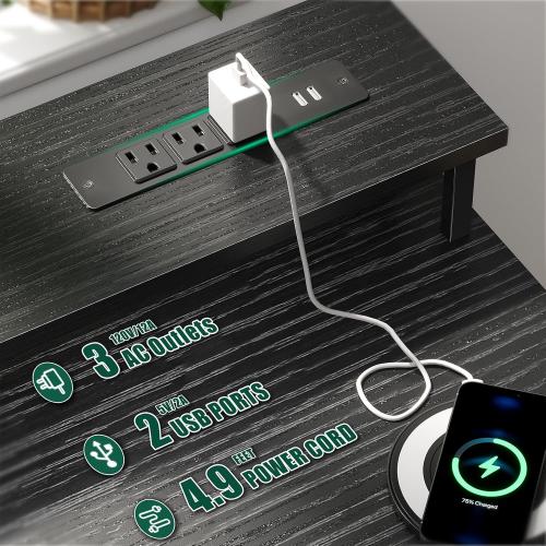 55 Inch Computer Gaming Desk with Power Outlets LED Lights Reversible Home Office with Adjustable Fabric Storage Drawers for Working Writing Study, Black