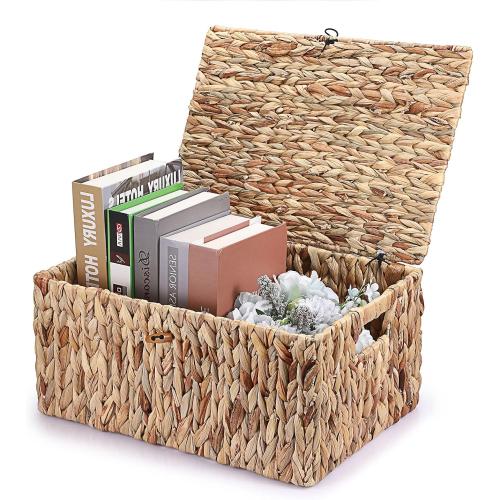 Hipiwe Wicker Storage Bins with Lid, X-Large Handwoven Water Hyacinth Wicker Baskets Rectangular Decorative Shelf Baskets Bin Built-in Handles Household Basket Boxes for Shelf Home Organizing