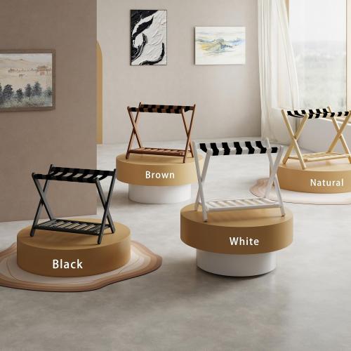 Luggage Rack, Foldable Suitcase Stand with Storage Shelf and 5 Heavy-Duty Straps, Bamboo Luggage Holders for Guest Room, Bedroom and Hotel - Natural