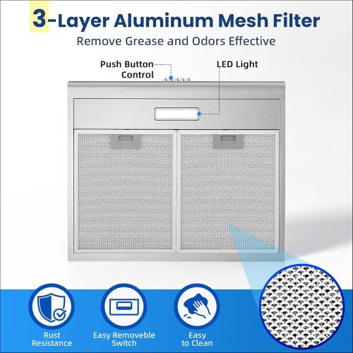 24 inch Range Hood Under Cabinet, Stainless Steel Range Hood 280CFM, Slim Kitchen Stove Hood w/Push Button, Ducted/Ductless Convertible, 3 Speeds Exhaust Fan, LED Light and Carbon Filter