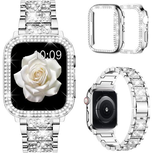 Mosonio Compatible with Apple Watch Band 38mm 40mm 41mm 42mm 44mm 45mm 46mm 49mm with 2 Pack Case Women, Jewelry Replacement Metal Bands Strap with Bling PC Protective Case for iWatch Ultra SE Series 11/10/9/8/7/6/5/4/3/2/1