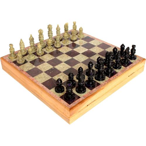 StonKraft - 10 X 10 Chess Board with Wooden Base & Stone Inlaid & Stone Pieces Game Set