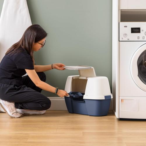 Corner Cat Litter Box Enclosure, Small Cat Litter Box with Lid, Corner Litter Box Enclosure for Kittens to Medium Sized Cats, Odor Defensive, Navy/White