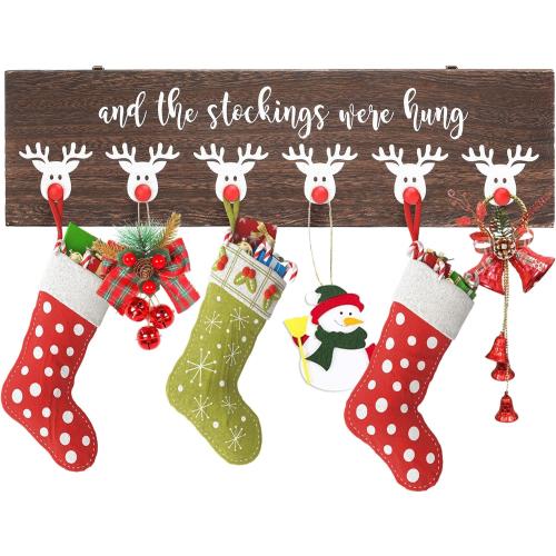 Christmas Stocking Wall Hanger The Stocking were Hung with 6 Red Nose Hooks Wood Christmas Stocking Rack Wall Mount Sign for Mantle Fireplace (Reindeer)