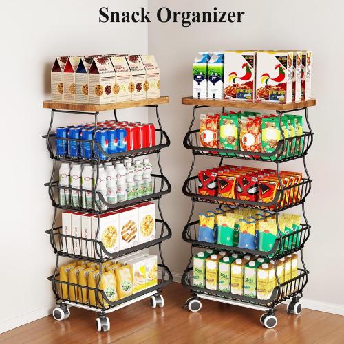 SAYZH Fruit Basket Kitchen Pantry Organizers and Storage - Wooden Top Table, Stackable Metal Wire Basket Stand Cart for Fruit Vegetable Snacks Onion Potato Organization, Black