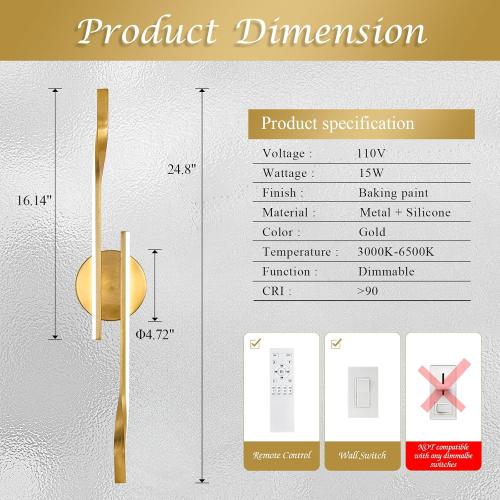 Gold Hardwired LED Wall Sconce Set of 2, Remote Control Wall Lamp for Bedroom Modern Dimmable Wall Light for Bedroom Living Room Foyer 15W