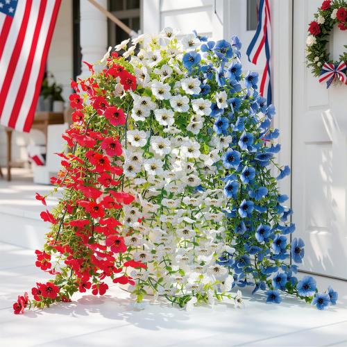 Lewondr 4th of July Artificial Hanging Flowers Plants for Outdoor, 3 PCS | Faux Silk Memorial Day Plants, 30'' Red White Blue UV-Resistant Flower, for Independence Veterans Porch Patio Yard Decor