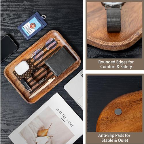 American Flag Serving Acacia Wood Valet Tray for Men Women Catch All Acacia Wooden Tray, Mens Key Tray, 4th of July Decorative Tray, Nightstand Tray Dump Tray EDC Tray for Phone Watch Wallet Jewelry