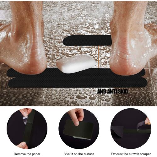Secopad Original Anti-Slip Shower Stickers for Bathtub & Shower Floor, Strong Adhesive Safety Strips with Scraper Ideal for Families with Kids, Adults & Seniors, 24 PCS (Black)