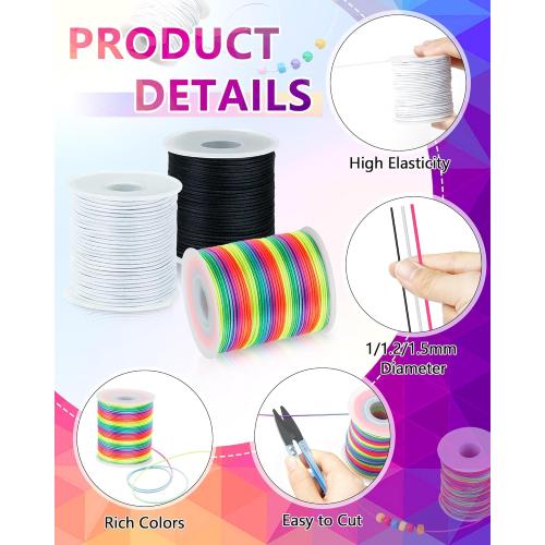 2 Rolls FIVEIZERO Black Elastic Bracelet String Total 330 Feet,1mm,1.2mm,1.5mm Elastic Cord for Beading Stretchy String with Beading Needle for Bracelets, Sewing, Necklace, Jewelry Making and Crafts