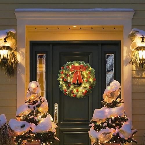 Lulu Home 16 Inch Pre-lit Christmas Wreath with Hook, Battery Operated Christmas Wreath Decorative Christmas Balls Hanging Ornament, Artificial Door Wreath 40 Clear LED Lights