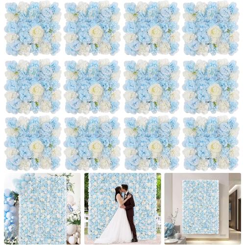 MoKoHouse Blue Backdrop Artificial Flower Wall: 12 Packs 15x15 Inches Photo Backdrop Panels Silk Flower Wall for Wedding Party Baby Bridal Shower