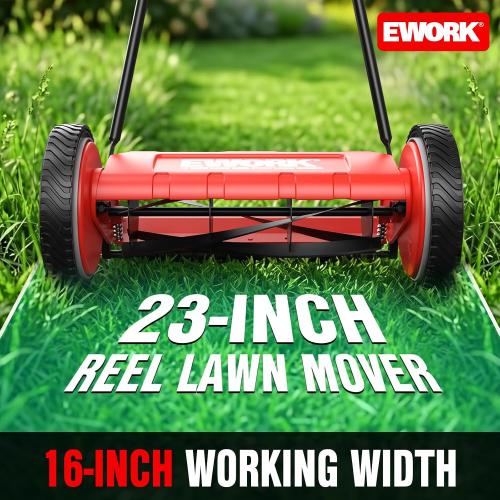 EWORK Push Reel Lawn Mower 23 with 5-Blade Cutting System for Lawn Care | 4 Adjustable Cutting Heights, Sponge-Wrapped Handle, Tool-Less Assembly, Low Noise, Lightweight Reel Mowers for Garden, Yard