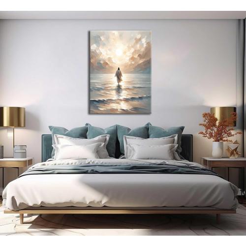 Jesus Walking on Water Canvas Wall Art Jesus Christian Posters Prints Sacred God Walking on Ocean Beach Painting Pictures for Living Room Bedroom Bathroom Office Wall Decor Framed