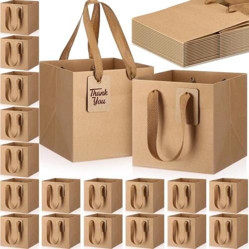 Windyun 25 Pcs Mini Paper Gift Bags with Handle 6 x 6 x 6'' Square Small Favor Bag with DIY Thank You Tag for Christmas Birthday Wedding Bridal Shower Bridesmaid Graduation Party (Kraft)
