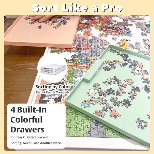 2-in-1 Rotating & Tilting Puzzle Board for 1500‑Piece Puzzles with 4 Color Drawers and Cover, 32x24 Portable Spinning Plastic Jigsaw Puzzle Table for Adults