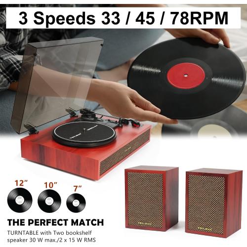 Vinyl Record Player with Dual External Speakers, 3 Speed Vintage Stereo Turntable for Vinyl Records, Bluetooth Input, Auto Stop & Belt Driven System, RCA Out and Aux in